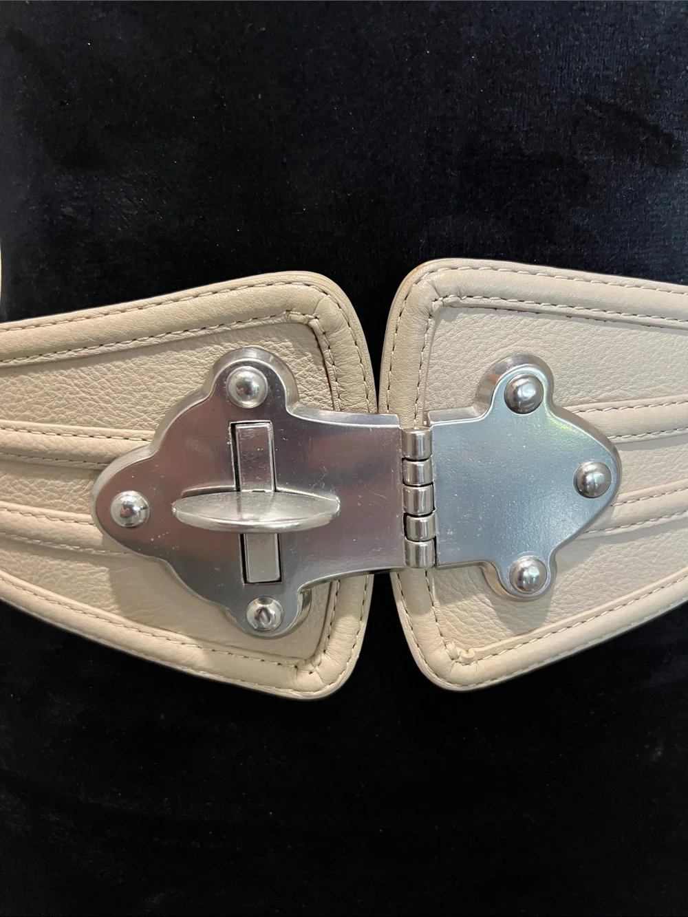 BCBGMaxAzria Cream Wide Waist Belt with Silver Buckle